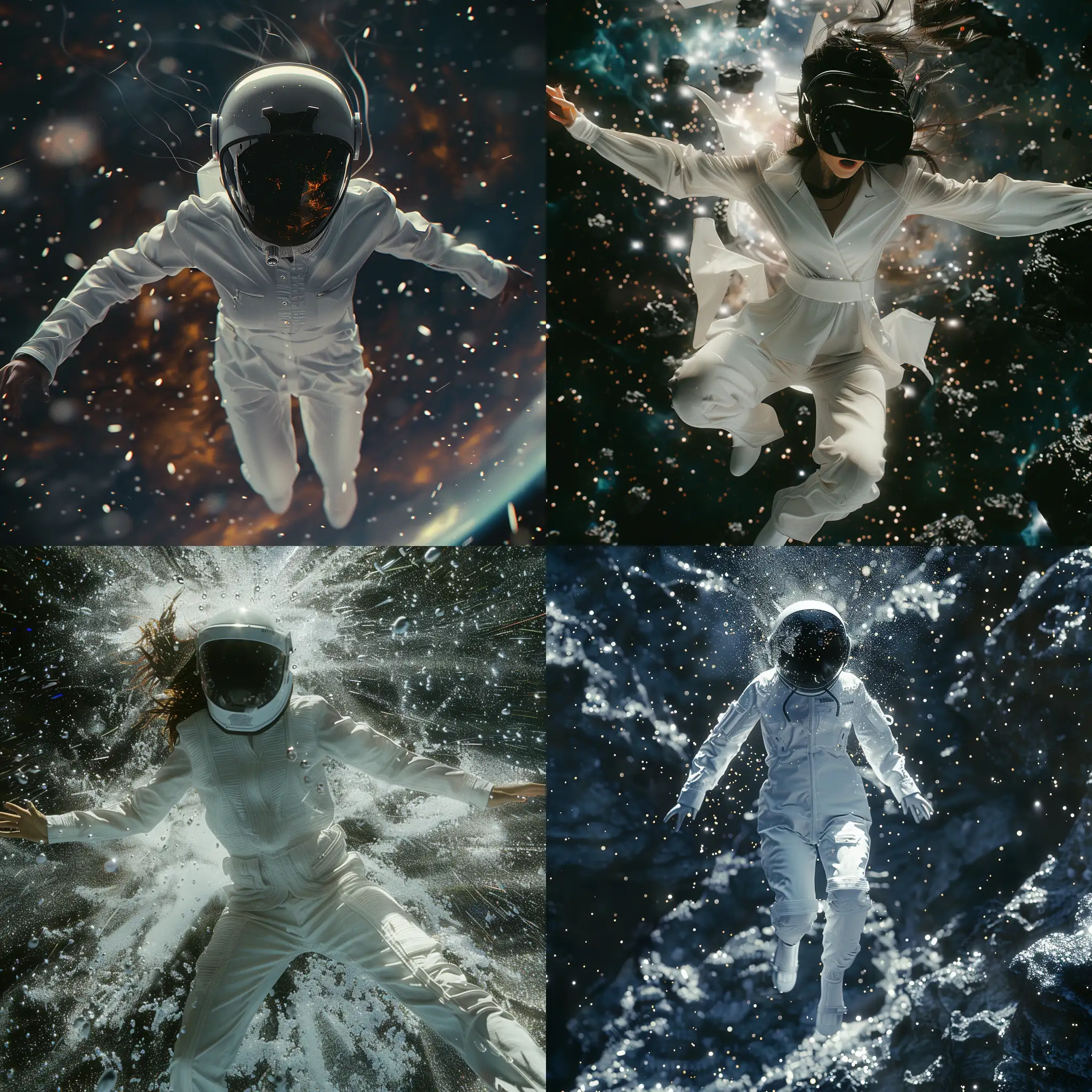 девушка в белом  костюме в свободном падении , лётная маска,  черный космический пейзаж,  8k, плёночная фотография, ультодетализация, рассеяние света, резкий фокус, высокая детализация 