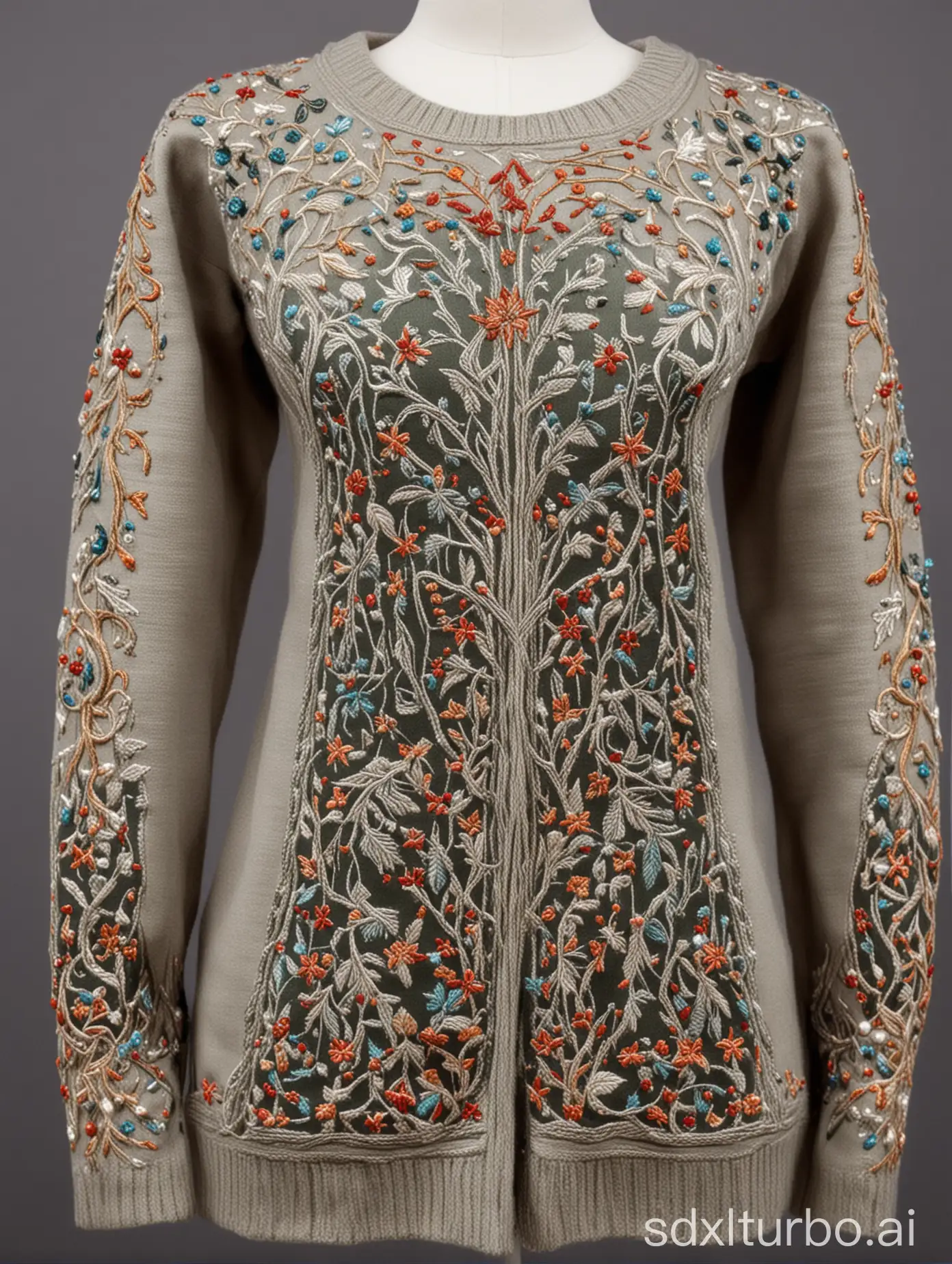 fashionable modern sweater decorated with embroidery in the style of the elves of Lotr, embroidered motifs of elven armor and ornaments