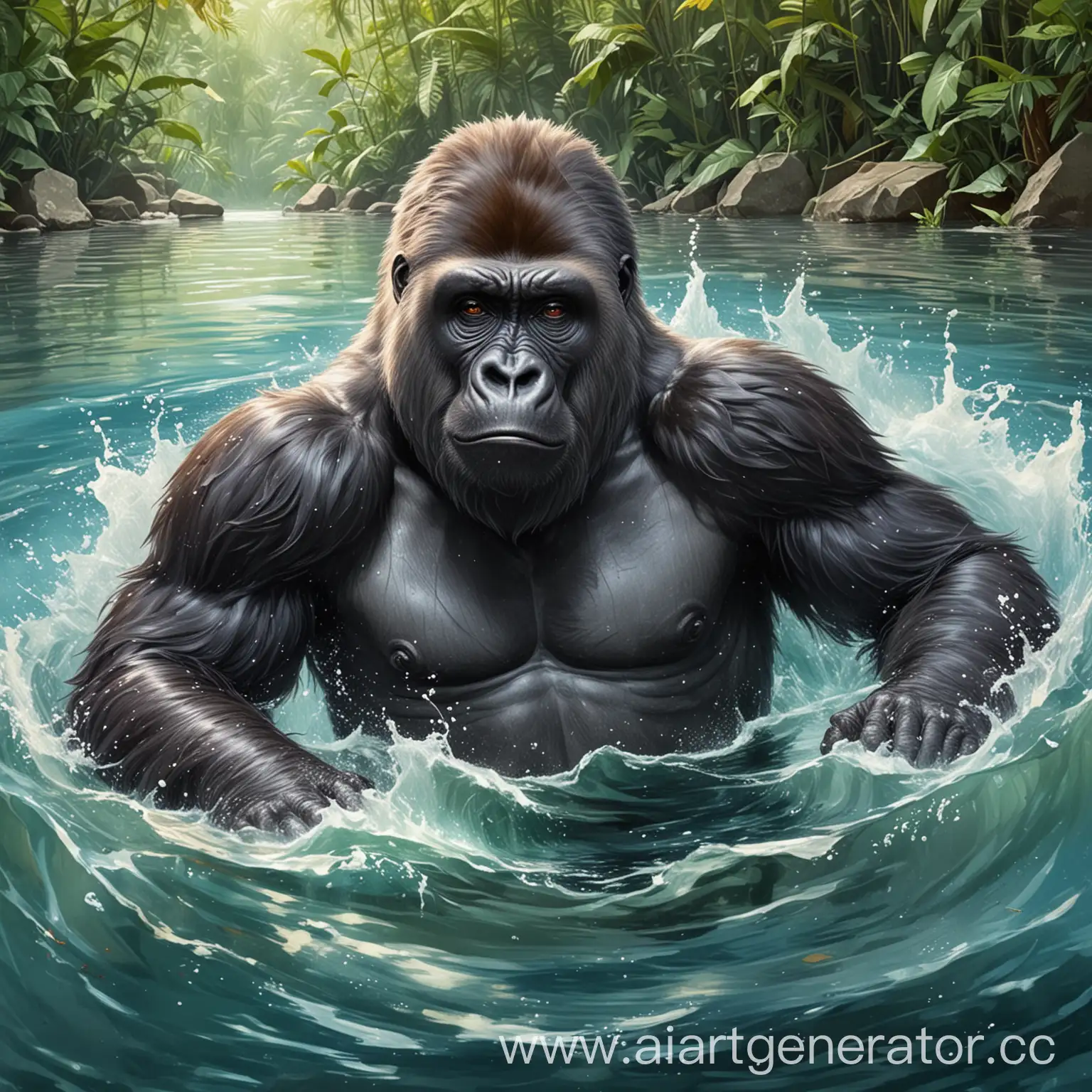 Gorilla-Swimming-in-Playful-Waters-Fun-Childrens-Illustration