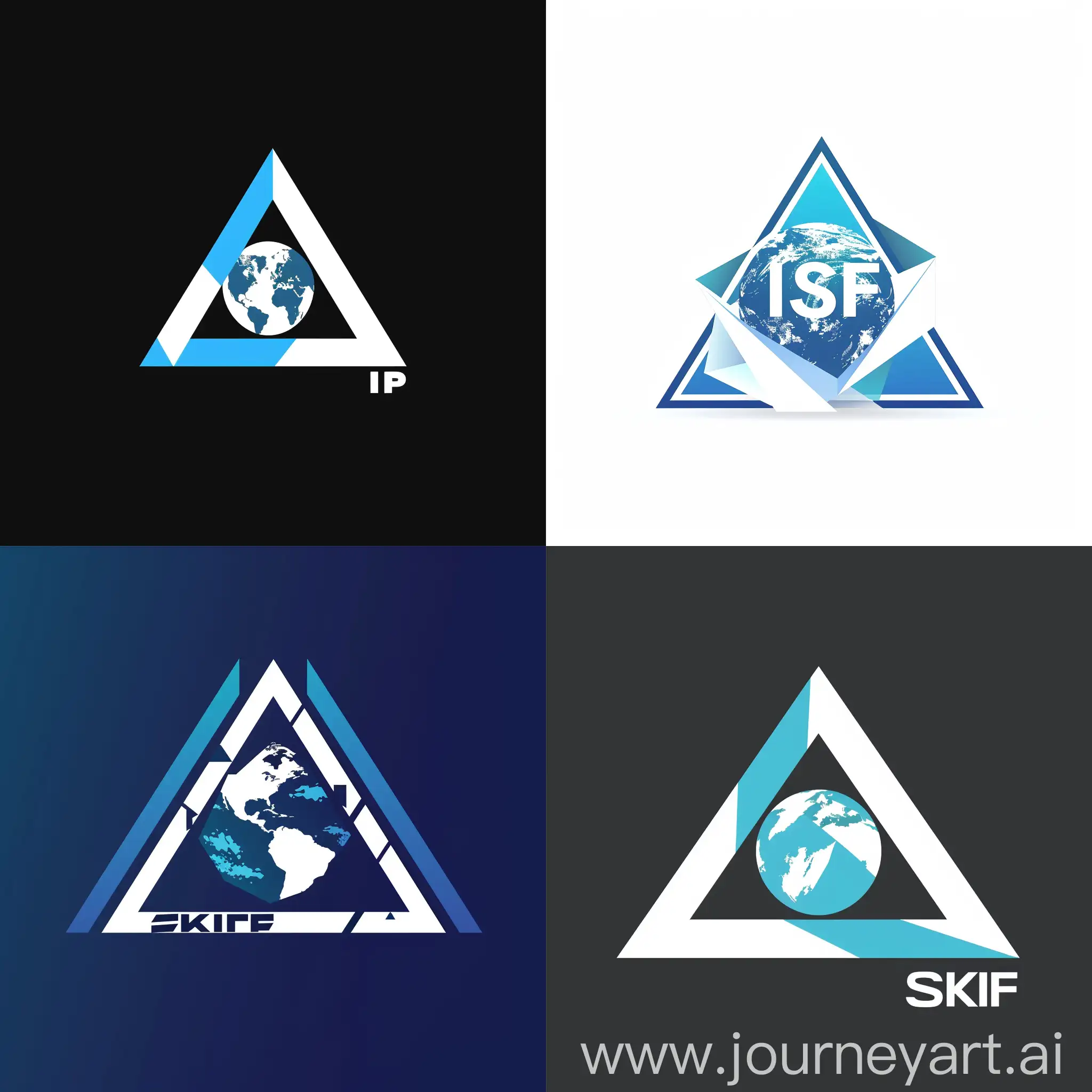 logo for it-company named is "SKIF", triangle with globe inside, white and blue colors