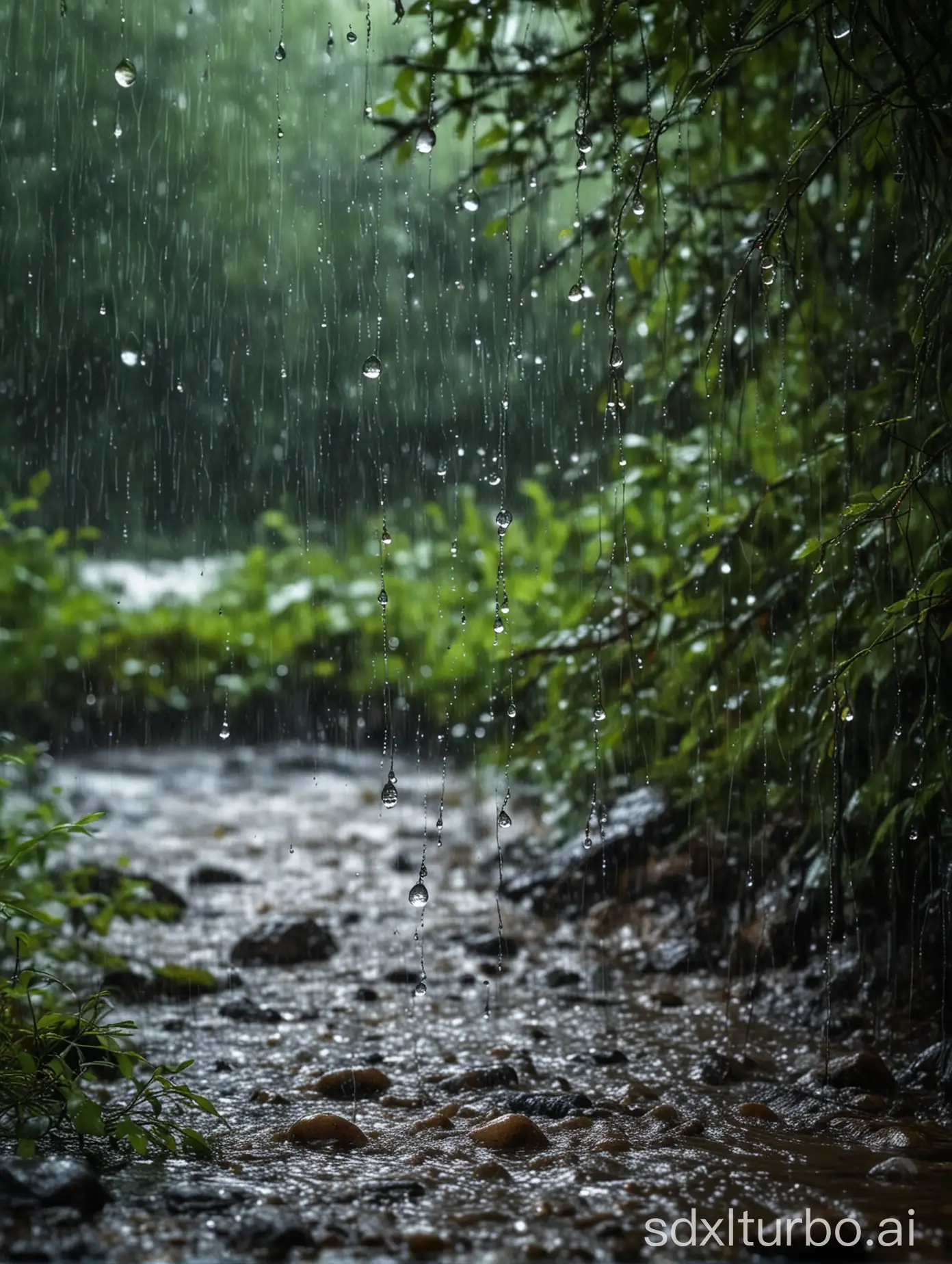 macro photo of raindrops and the river waves, dense Russian forest in May, heavy rain, magical lights