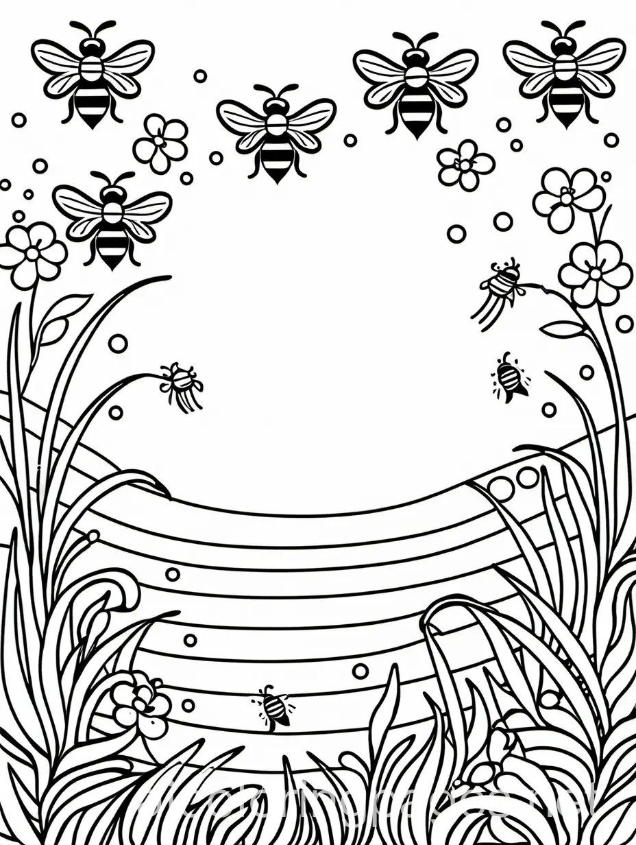 bees, Coloring Page, black and white, line art, white background, Simplicity, Ample White Space. The background of the coloring page is plain white to make it easy for young children to color within the lines. The outlines of all the subjects are easy to distinguish, making it simple for kids to color without too much difficulty