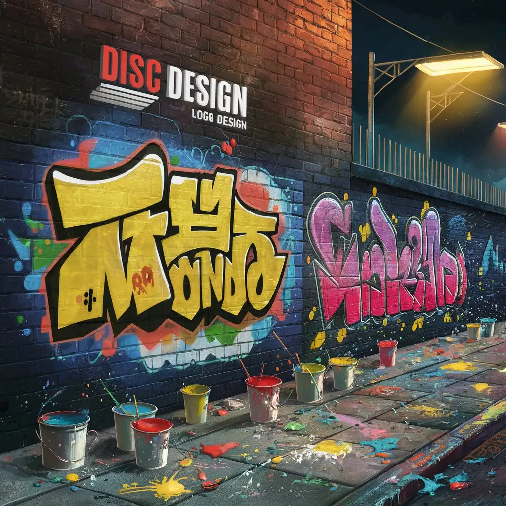 a logo design,with the text 'Disc design', main symbol:A fresh illegal graffiti art project on a brick wall, night scene, overhead street lights, In the upper third of the logo there is a wide arrow depicting 'MANDO', deep bright colors, street lighting, graffiti-style text and art, sidewalk strewn with buckets of paint, paint cups, spilled and splashed paint, paint drops flying, tarps. dark background,complex,clear background