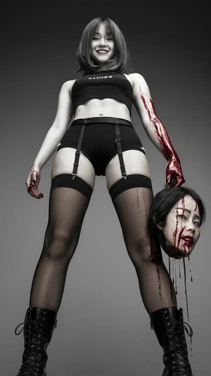 A tall 18 year old tokyo medium haired hitwoman wearing black nylon stockings, jackshort boots, holding a head, blood, strong legs, smiling, angle from below