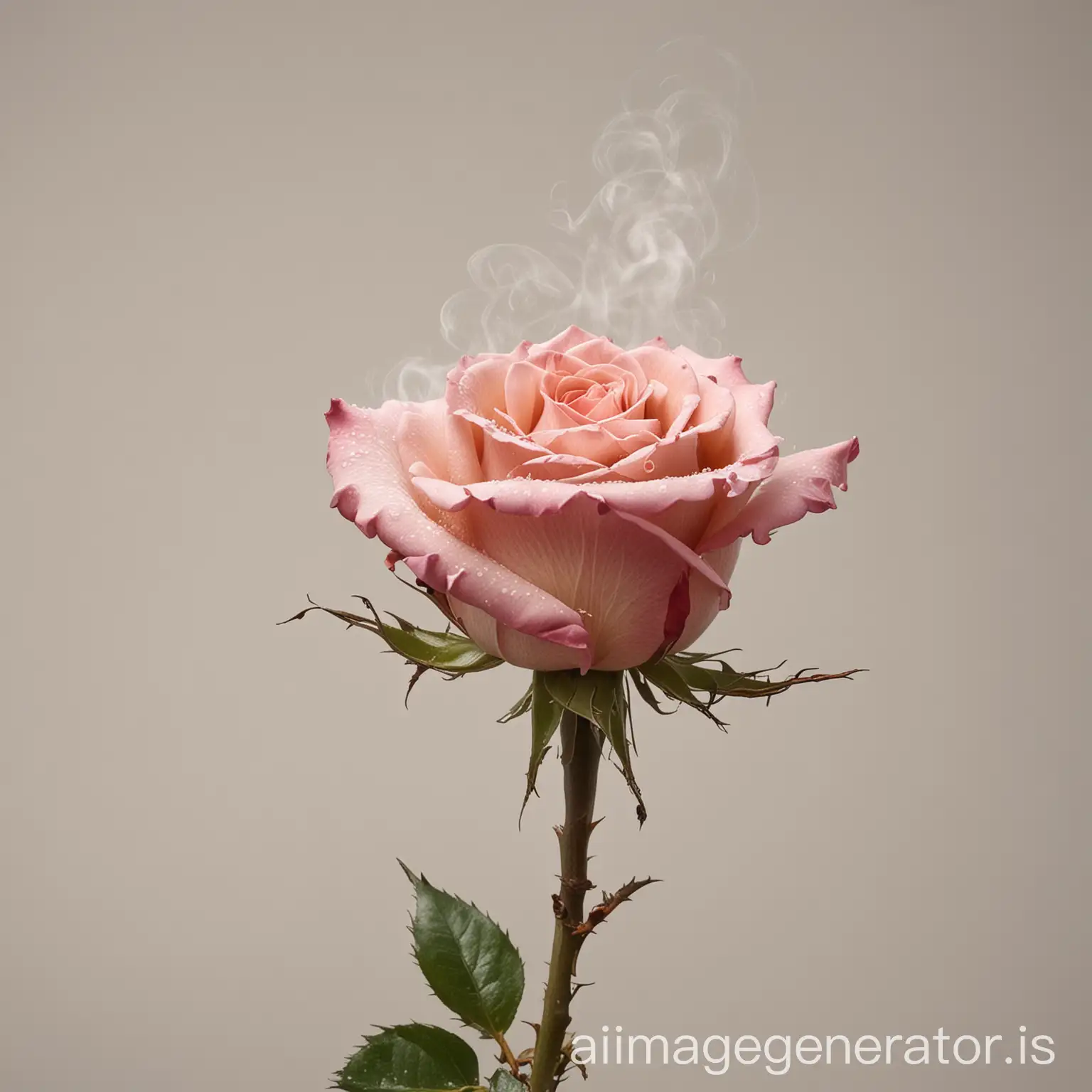 alive rose whit steam and thorns front view zoom out
with neutral background