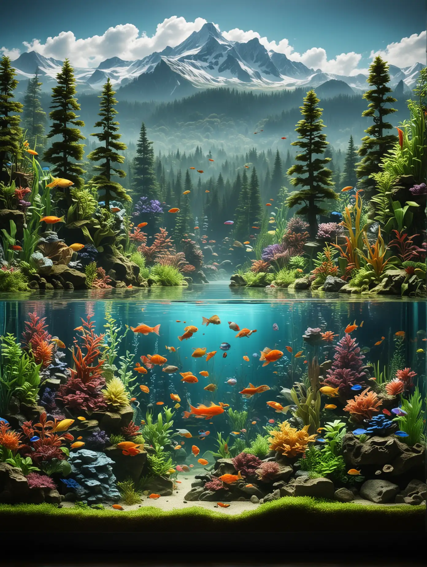 generate an image of an aquarium with various colorful fish, a forest, and mountains inside, the aquarium is a rectangular shape, below it is grassland