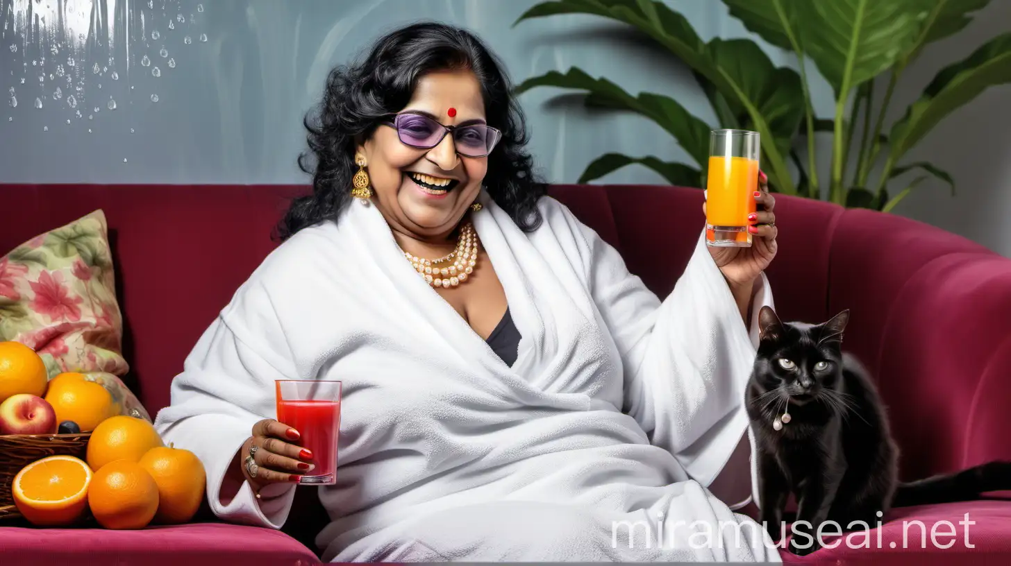 a indian mature  fat woman having big stomach age 49 years old attractive looks with make up on face ,binding her high volume hairs, wearing metal anklet on feet and high heels, drinking fruit juice, holding a juice glass  . she is happy and smiling. she is wearing pearl neck lace in her neck , earrings in ears, a power spectacles on her eyes and wearing  only a  white velvet  bath towel on her body. she is sitting on a luxurious colorful sofa which is in flower garden ,  three black cats are siting on the sofa  and a fruit salad glass bowl and its raining time. show full body from top to bottom and show a long shot frame.