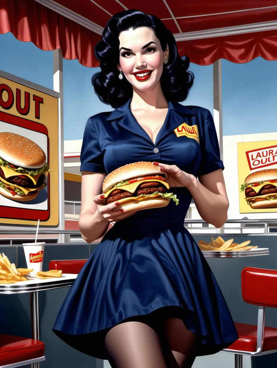 Laura Mennell, 1950s , curvy, [Highly Detailed] Dark comic art style, below angle, flowy navy minidress, smirk, pantyhose, In-N-Out, holding cheeseburger
