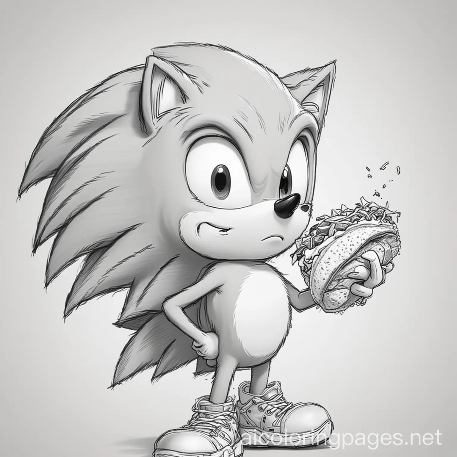 sonic eating a taco, Coloring Page, black and white, line art, white background, Simplicity, Ample White Space. The background of the coloring page is plain white to make it easy for young children to color within the lines. The outlines of all the subjects are easy to distinguish, making it simple for kids to color without too much difficulty