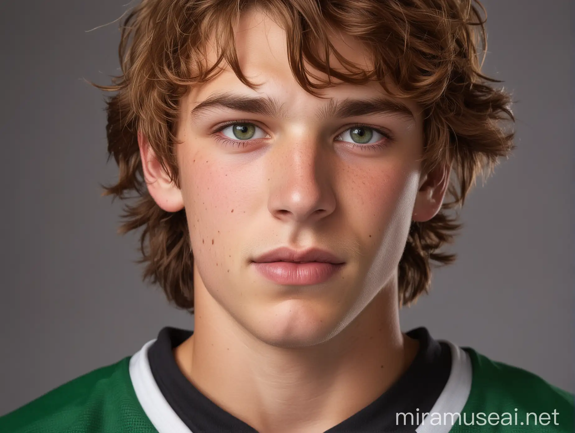 






A handsome teen hockey player with light green eyes and wavy chestnut hair. He has an angular jaw and hard muscles.