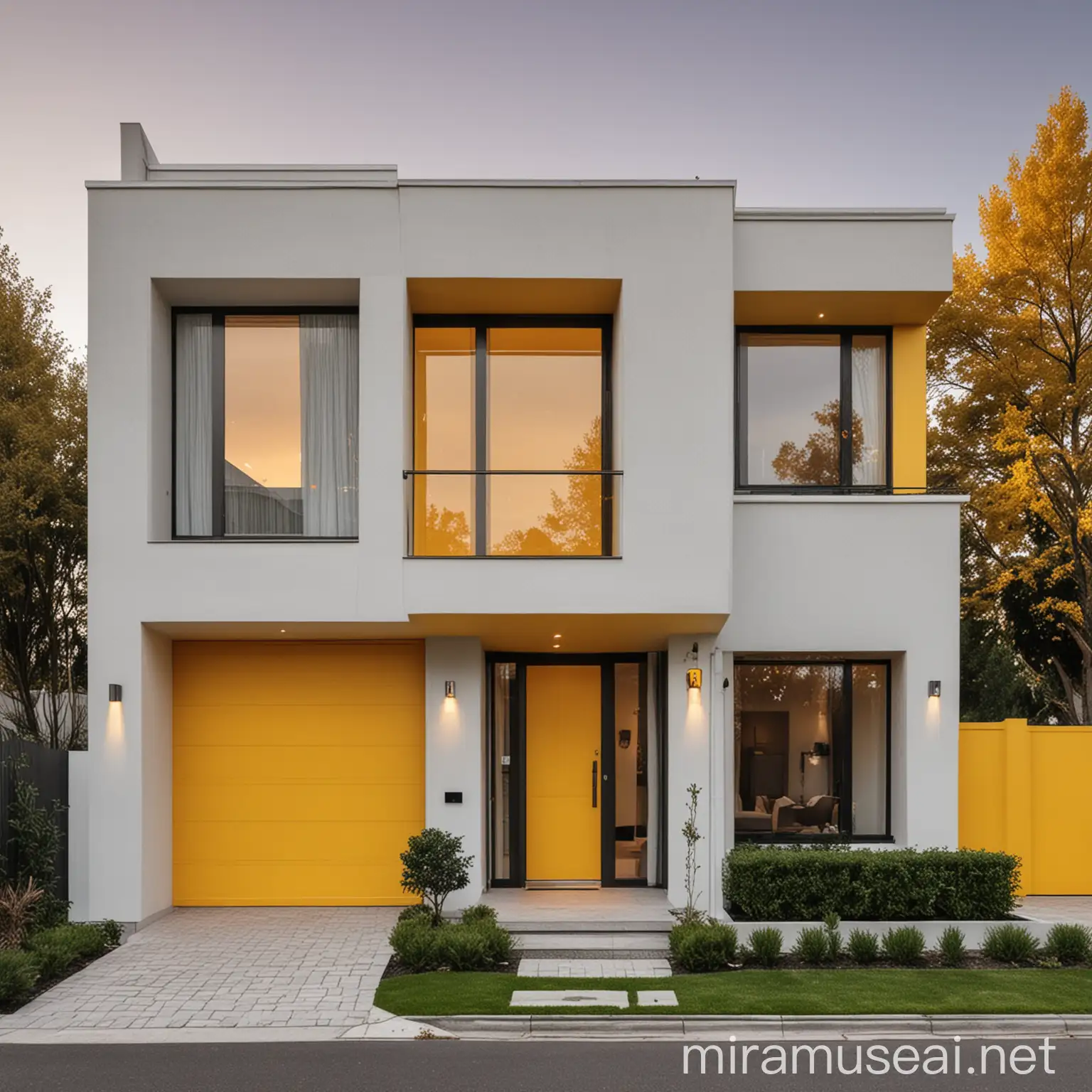 Make a luxury modern home facade with yellow details