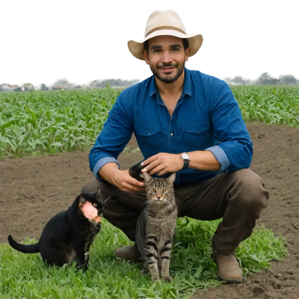 Farmer with cat sit at field