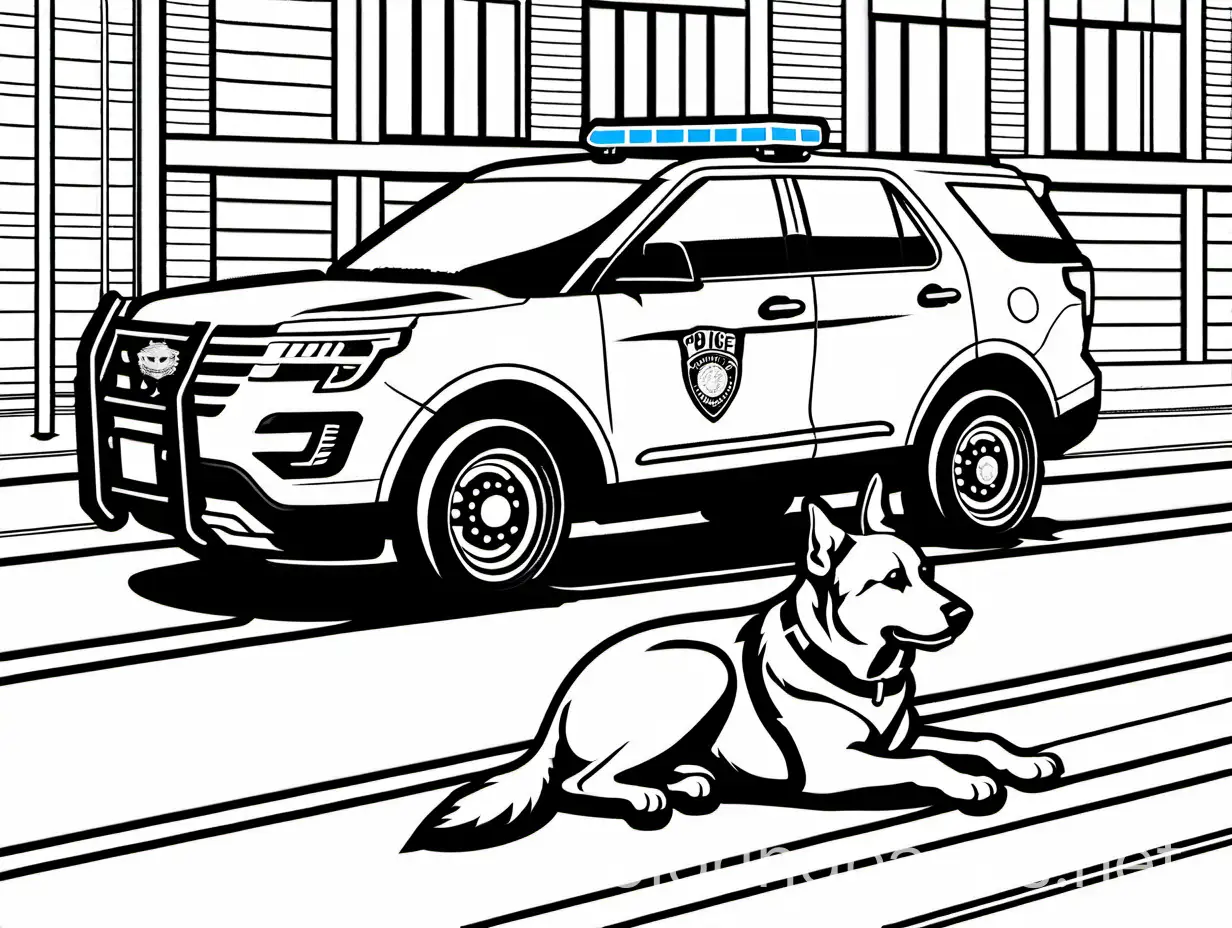 police suv with  police officer and k9, Coloring Page, black and white, line art, white background, Simplicity, Ample White Space. The background of the coloring page is plain white to make it easy for young children to color within the lines. The outlines of all the subjects are easy to distinguish, making it simple for kids to color without too much difficulty