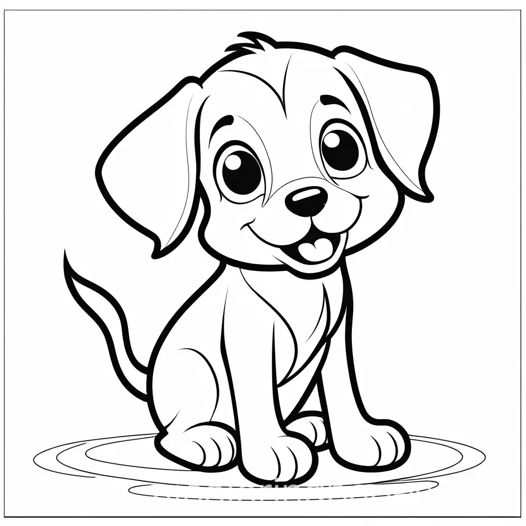 create a coloring page with fine lines and no shading of a cute playful puppy with floppy ears and a wagging tail, looking happy and energetic playing with a ball, Coloring Page, black and white, line art, white background, Simplicity, Ample White Space. The background of the coloring page is plain white to make it easy for young children to color within the lines. The outlines of all the subjects are easy to distinguish, making it simple for kids to color without too much difficulty