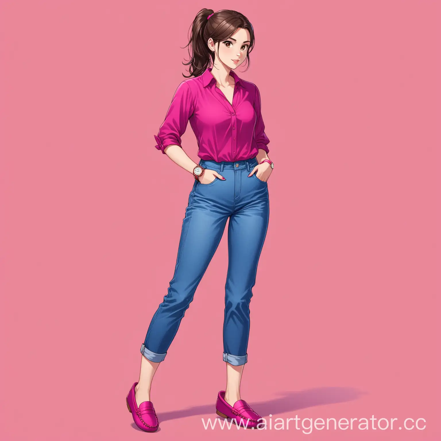 Stylish-HazelEyed-Girl-in-Fuchsia-Blouse-and-Blue-Jeans-with-Red-Moccasins-and-Watch