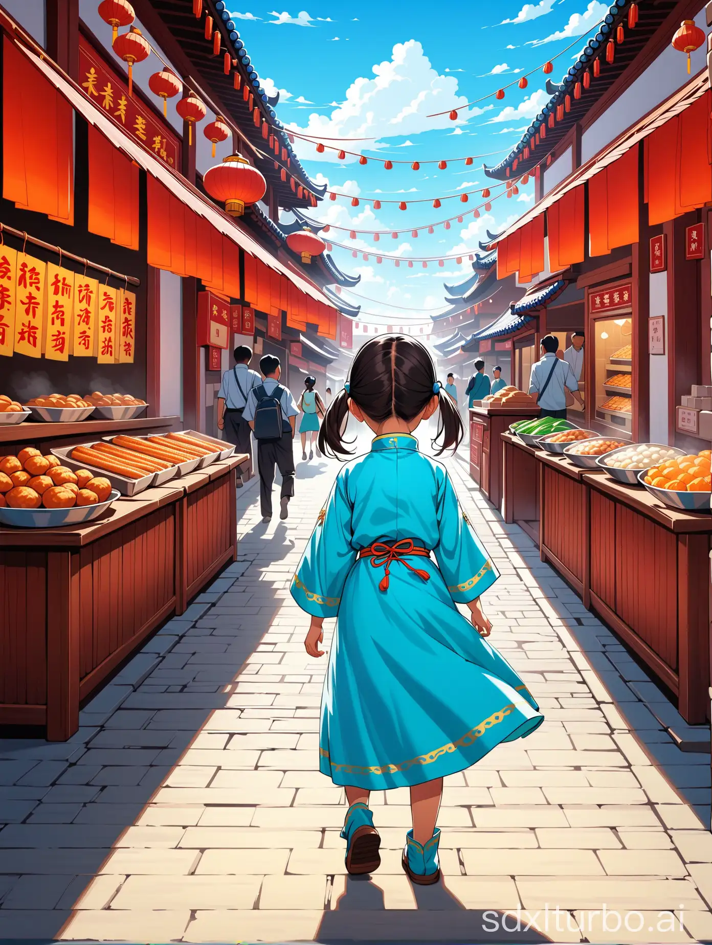 A little girl walking in a lively Chinese street where people are buying Chinese food and she feels new and awesome. I can see the girl from behind. The girl wears a blue Mongolian traditional outfit as bright as the sky.