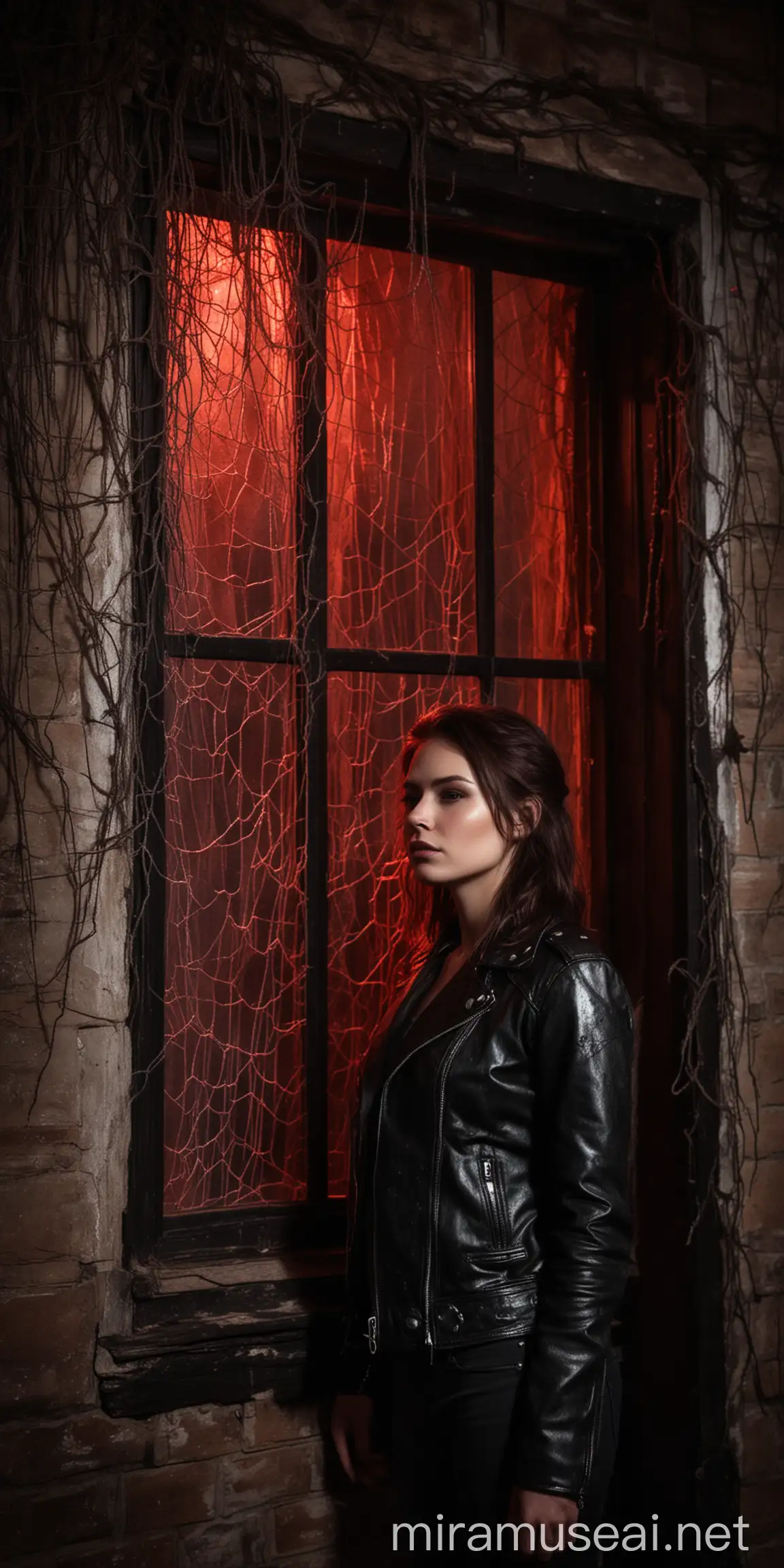 A beautiful lady in a leather jacket, looking out from a dark house with cobwebs and red luminous light behind, with a strange shadow hand above