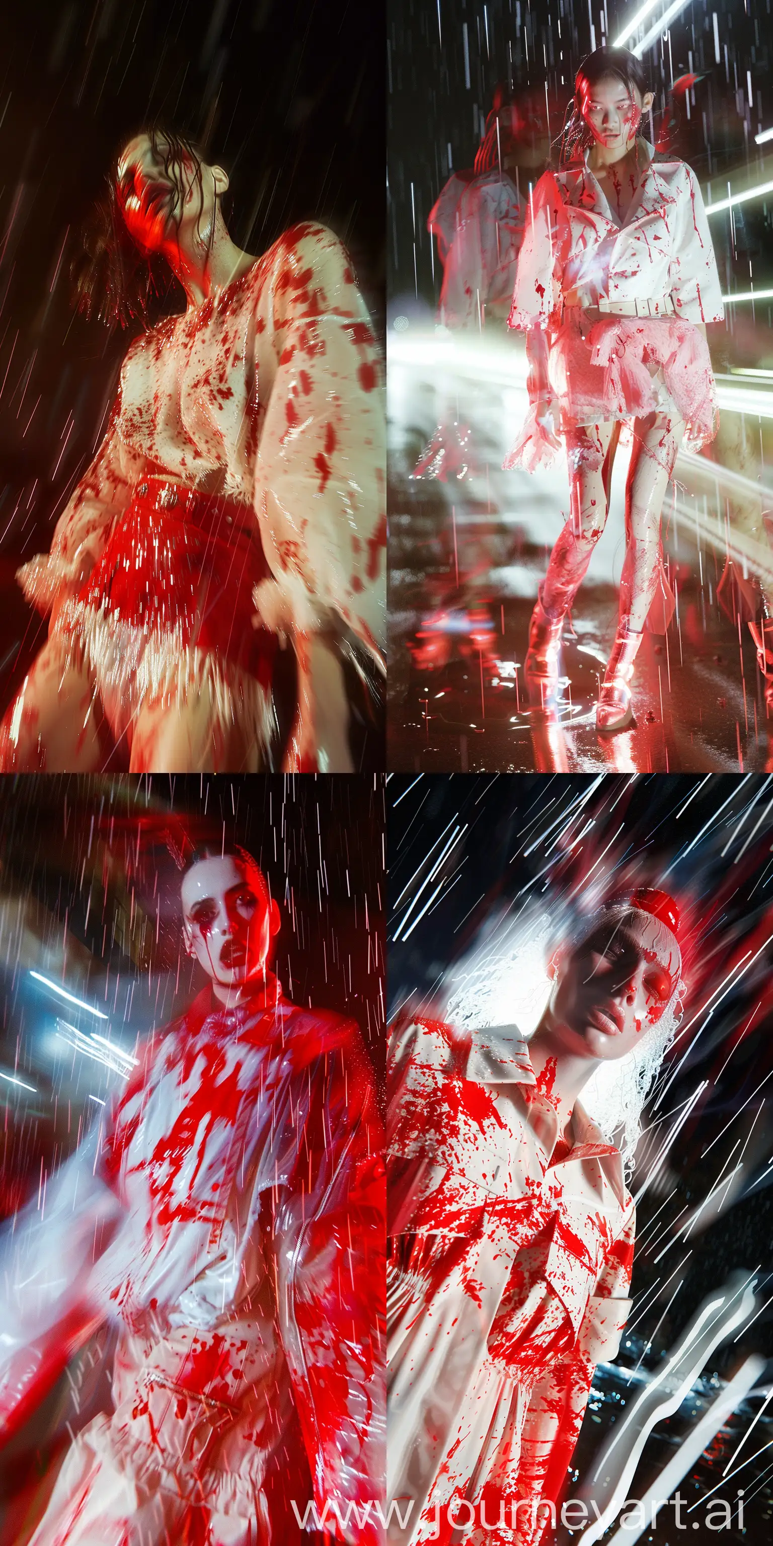 a female model wearing overized balenciaga horror blackout high fashion at night, in the style of iconic album covers, neon-infused digitalism, animated gifs, light red and light white, on a rainy day,and  the rain make her body wet, wounded make up, The motion blur creates a ghostly, ethereal effect, with clothing details obscured --ar 1:2 --v 6