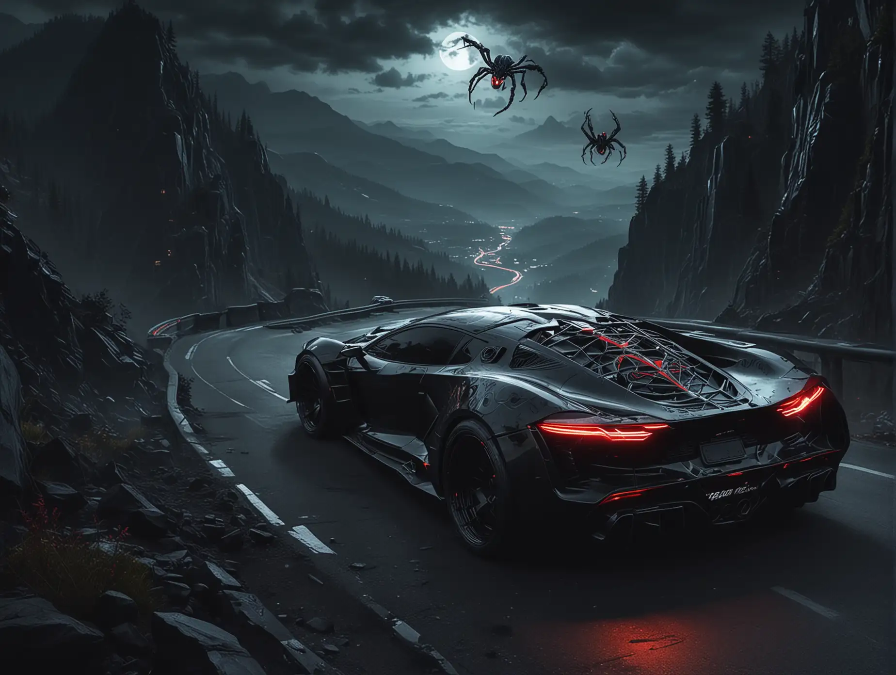 Create  futuristic cars from  dark venom & spiderman evil tuning type drifting  at night on Downhill on mountain rear view from far away  car color black