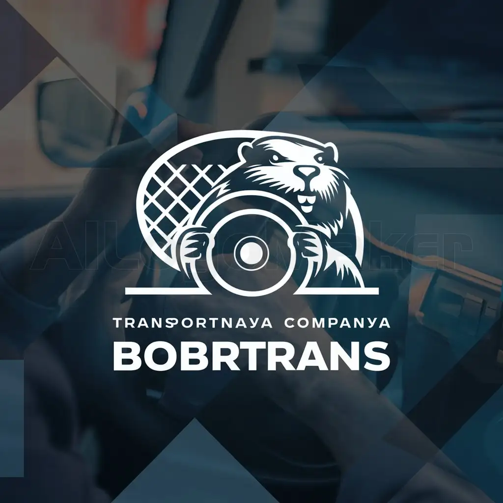 a logo design,with the text "Transportnaya companya BobrTrans", main symbol:Beaver at the wheel,complex,clear background