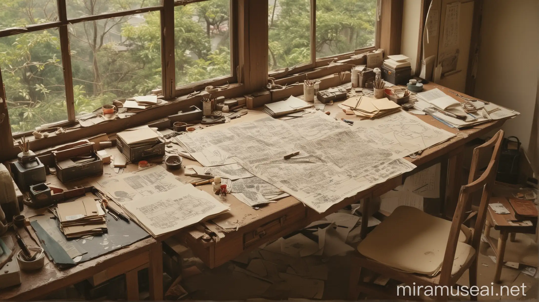 Set in Japan 1950, make a desk that is located near to Japanese house large windows, in the desk there are 4 messy papers with Japanese sketch about innovating a product, along with the 2 ripped papers too, do not forget to make it seems like another person have tried to look for something from the desk, but make it no person at all