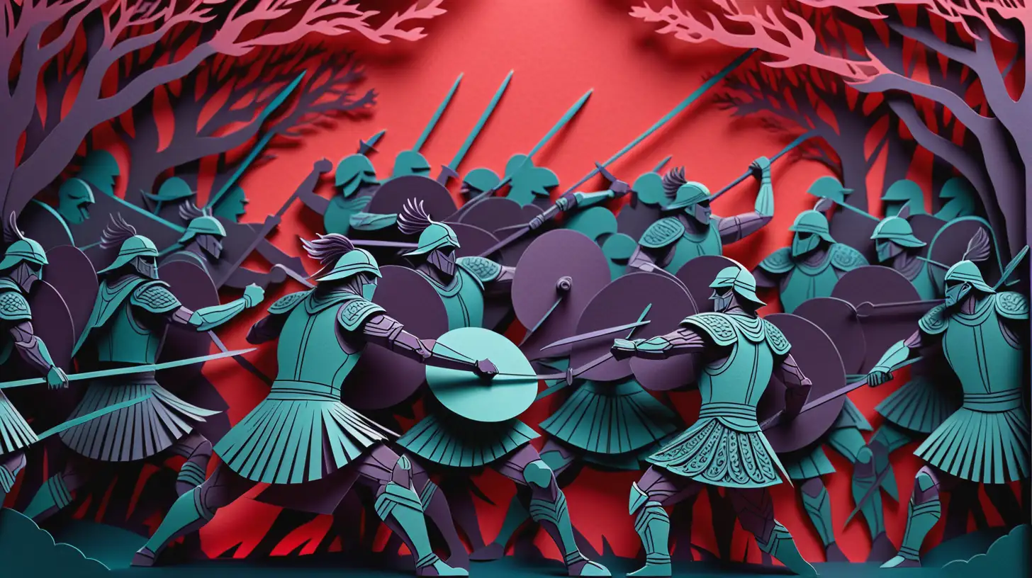 Dark Silhouettes of Warriors Crowd on Red Background Battle Lasercut Paper Illustration
