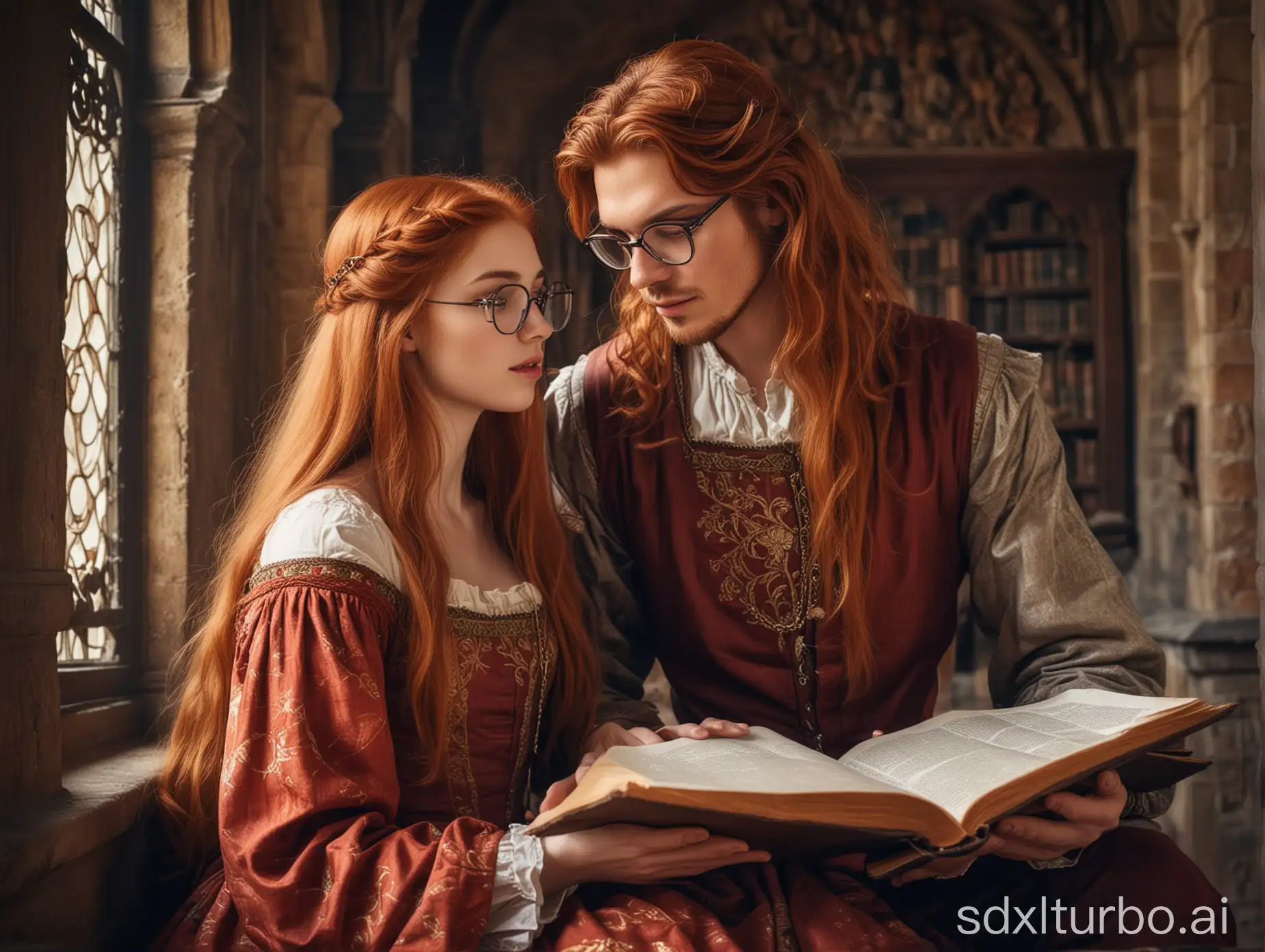 A beautiful girl with long red hair in a medieval pretty dress and a guy with glasses and medium-length russet hair in medieval pretty clothes sit together, engrossed in reading an ancient folio, in an ancient library