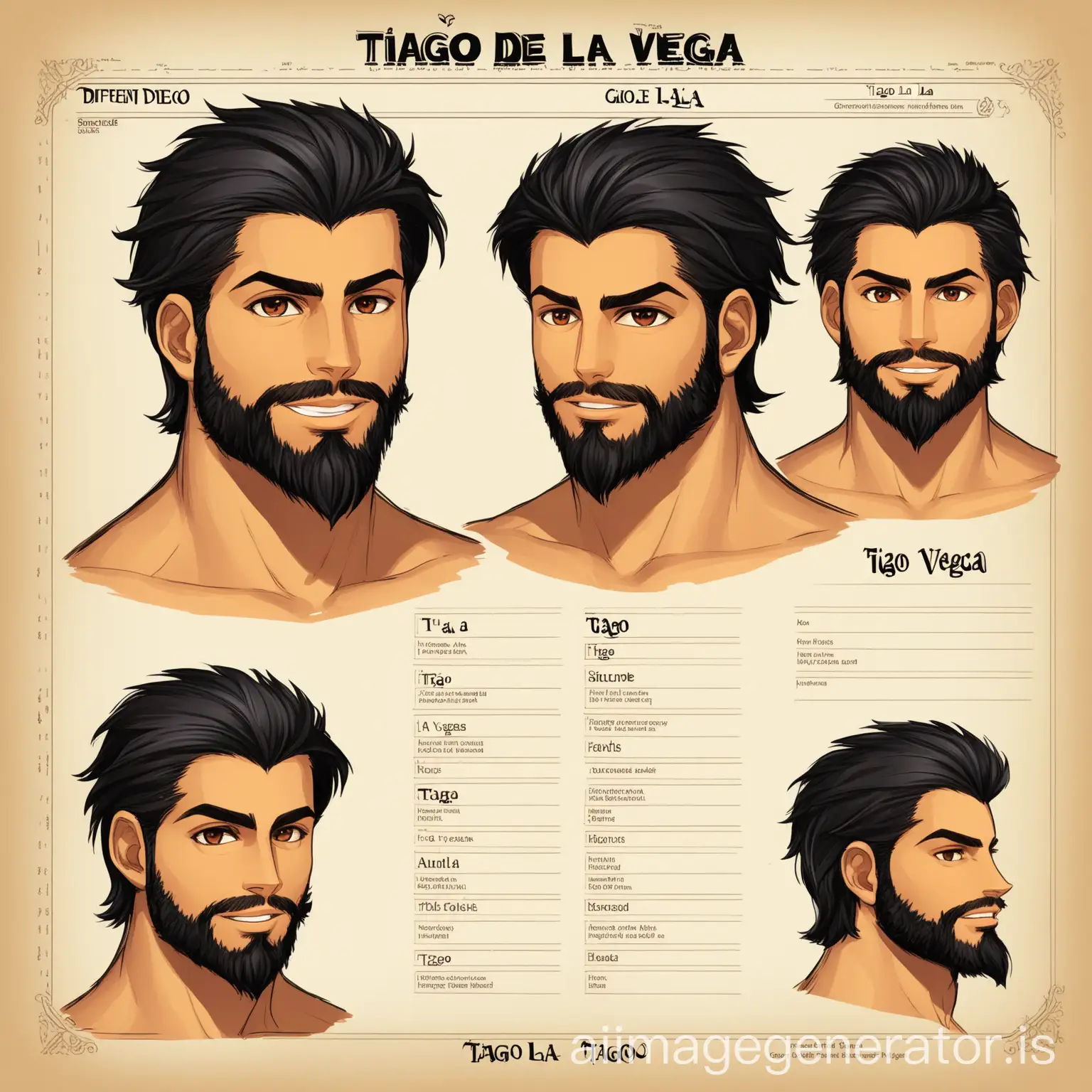 different angles, character sheet of a young man tiago de la vega, with black hair, groomed beard stubble, a good physique, face only front, digital illustration