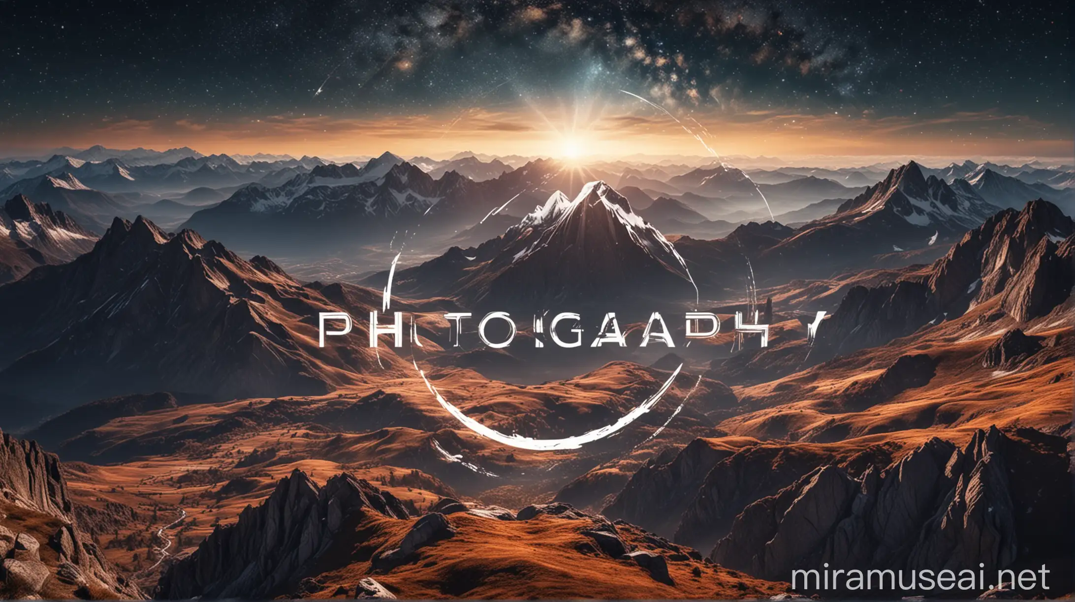 LOGO FOR PHOTOGRAPHY PAGE, WHERE YOU CAN SEE THE LENS CAPTURING A BEAUTIFUL LANDSCAPE OF MOUNTAINS AND AN INFINITE UNIVERSE IN 16K