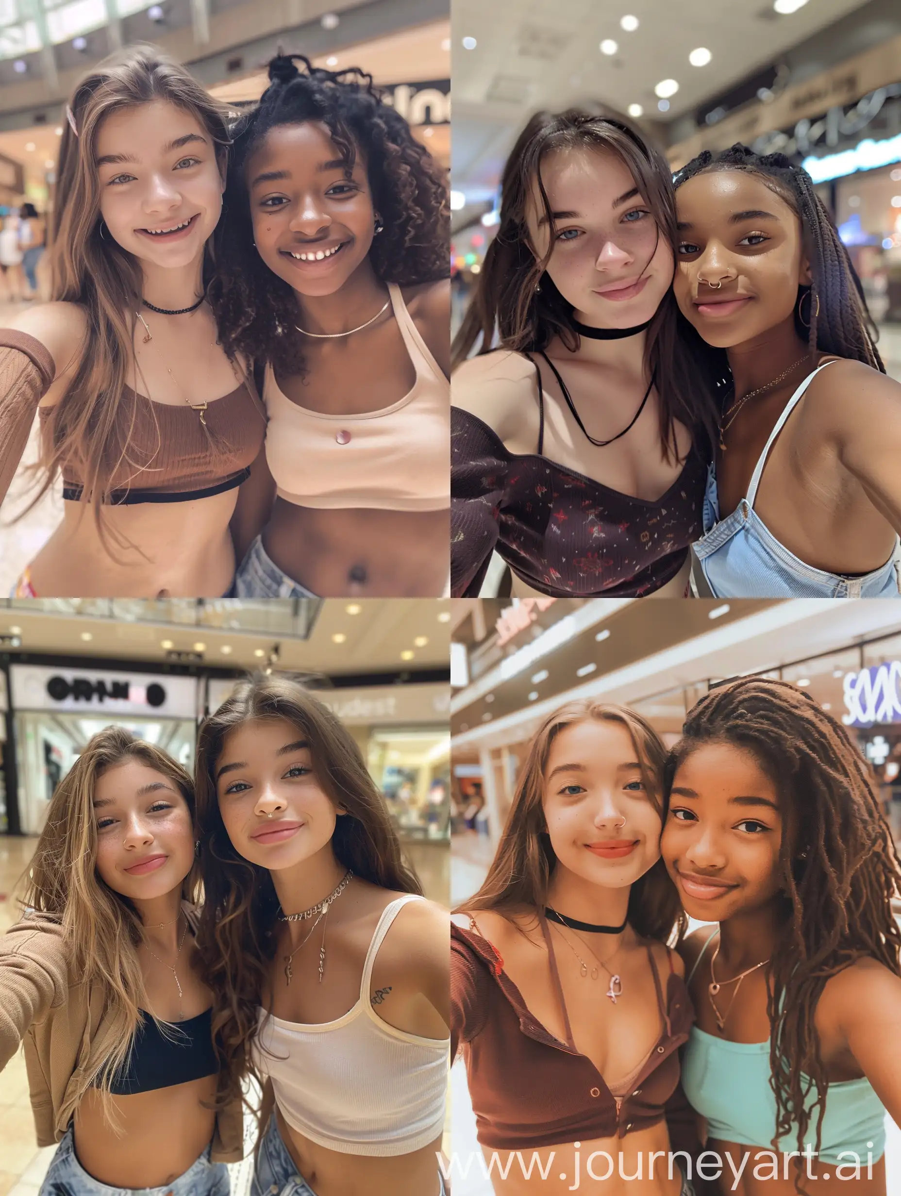 Two 18 year old girls, one with crop top long sleeve, other with summer tank top, at mall, taking selfie, happy, cute trendy clothes, realistic lighting, close photo shot, different ethnicities