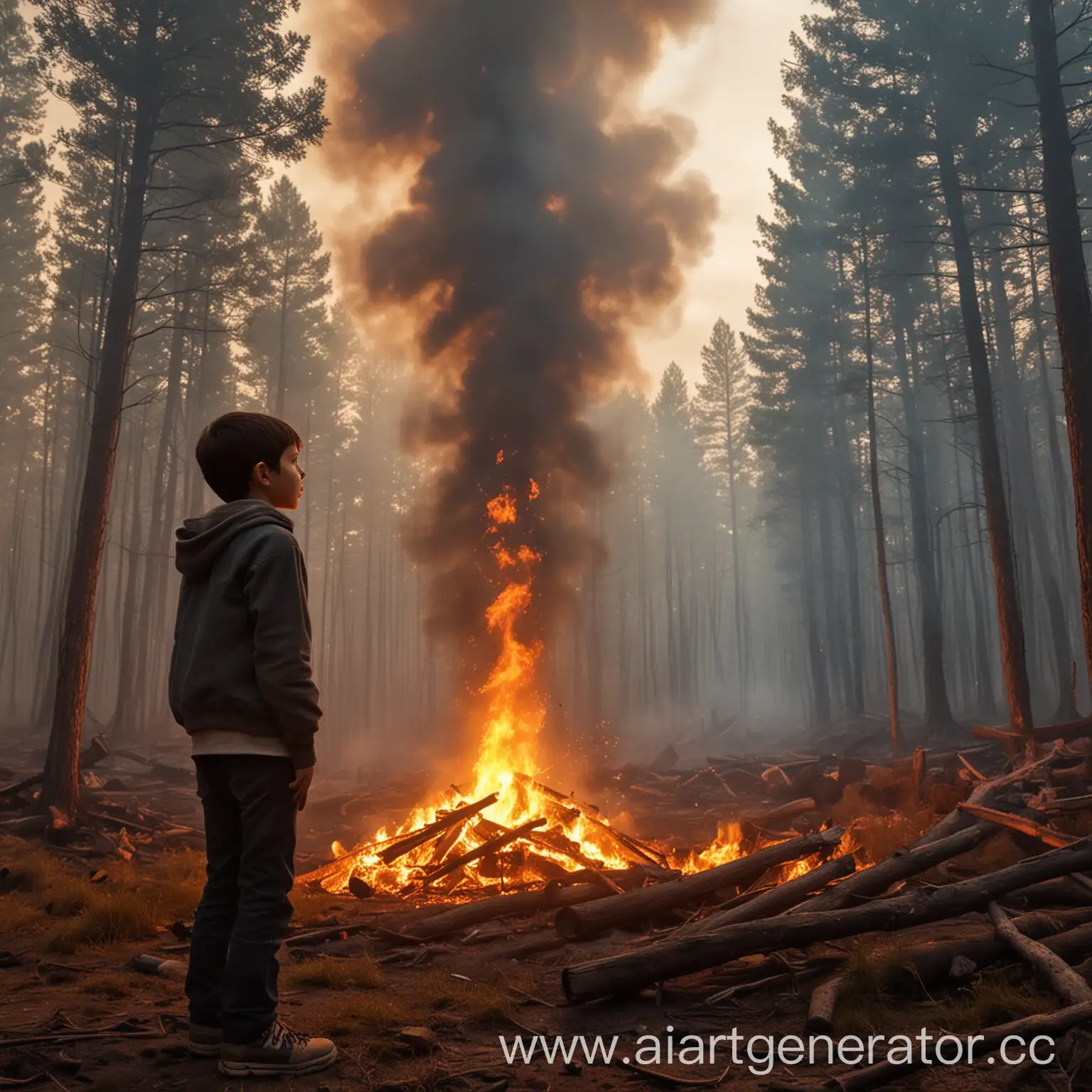 Сгенирируй картинку мальчик стоит смотрит на лес и огонь начал сильно разгораться