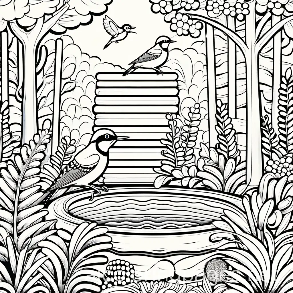 "In this coloring page, create a lively backyard scene featuring a woodpecker as the focal point. The woodpecker should be shown tapping on a tree trunk or searching for insects amidst the foliage. Surrounding the woodpecker, include various backyard elements like trees, bushes, flowers, and perhaps a bird feeder or bird bath. Challenge the viewer by incorporating at least 5 hidden woodpeckers throughout the image for them to find. This encourages observation and engagement with the artwork, providing an entertaining seek-and-find activity. Ensure the overall composition is colorful and inviting, capturing the joy of a sunny day in the backyard.", Coloring Page, black and white, line art, white background, Simplicity, Ample White Space. The background of the coloring page is plain white to make it easy for young children to color within the lines. The outlines of all the subjects are easy to distinguish, making it simple for kids to color without too much difficulty