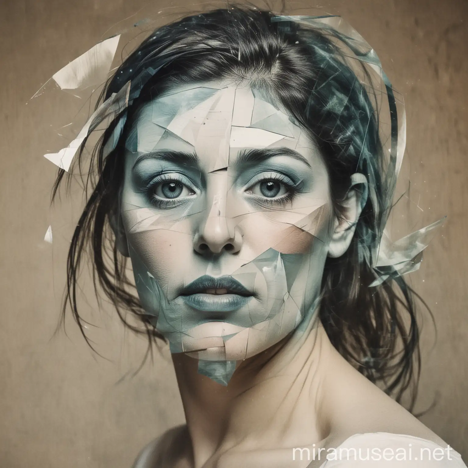 ‌double exposure of apainting woman inspired by picasso and an astrophotografy photo.