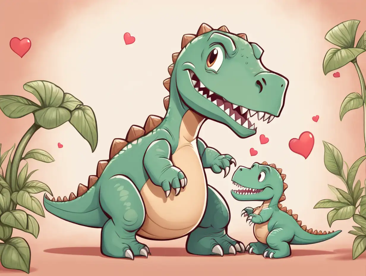create an image of a cartoon tyrannosaurus rex cuddling little baby tyrannosaurus rexes. Have a big heart in the background. 
