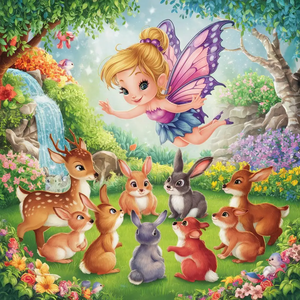 a little girl fairy flying in a garden with loads of animals