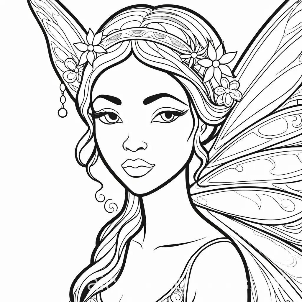 summer fairy of african american descent, Coloring Page, black and white, line art, white background, Simplicity, Ample White Space