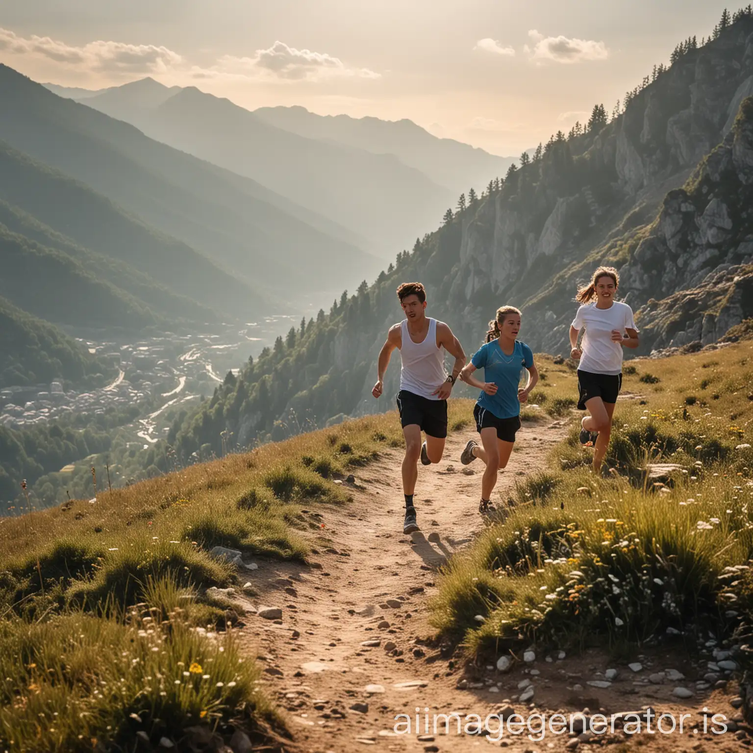 Young people run in the mountain