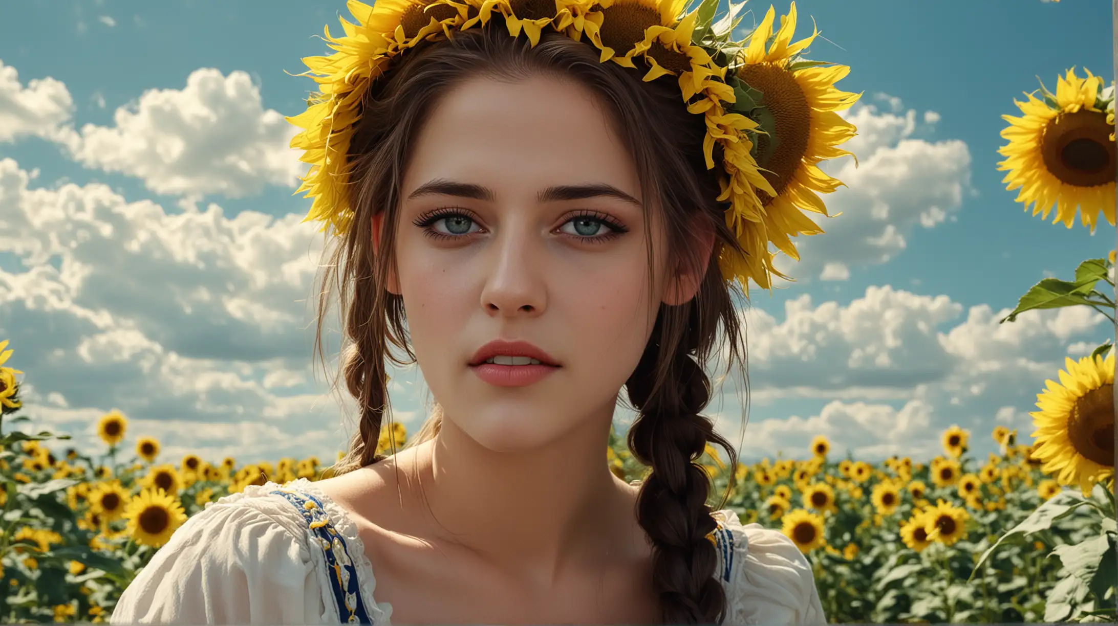 cartoon, Kristen Stewart as sexy Ukrainian girl, pigtails, fantasy style, Mavka, sunflower, blue sky, sensual full yellow lips