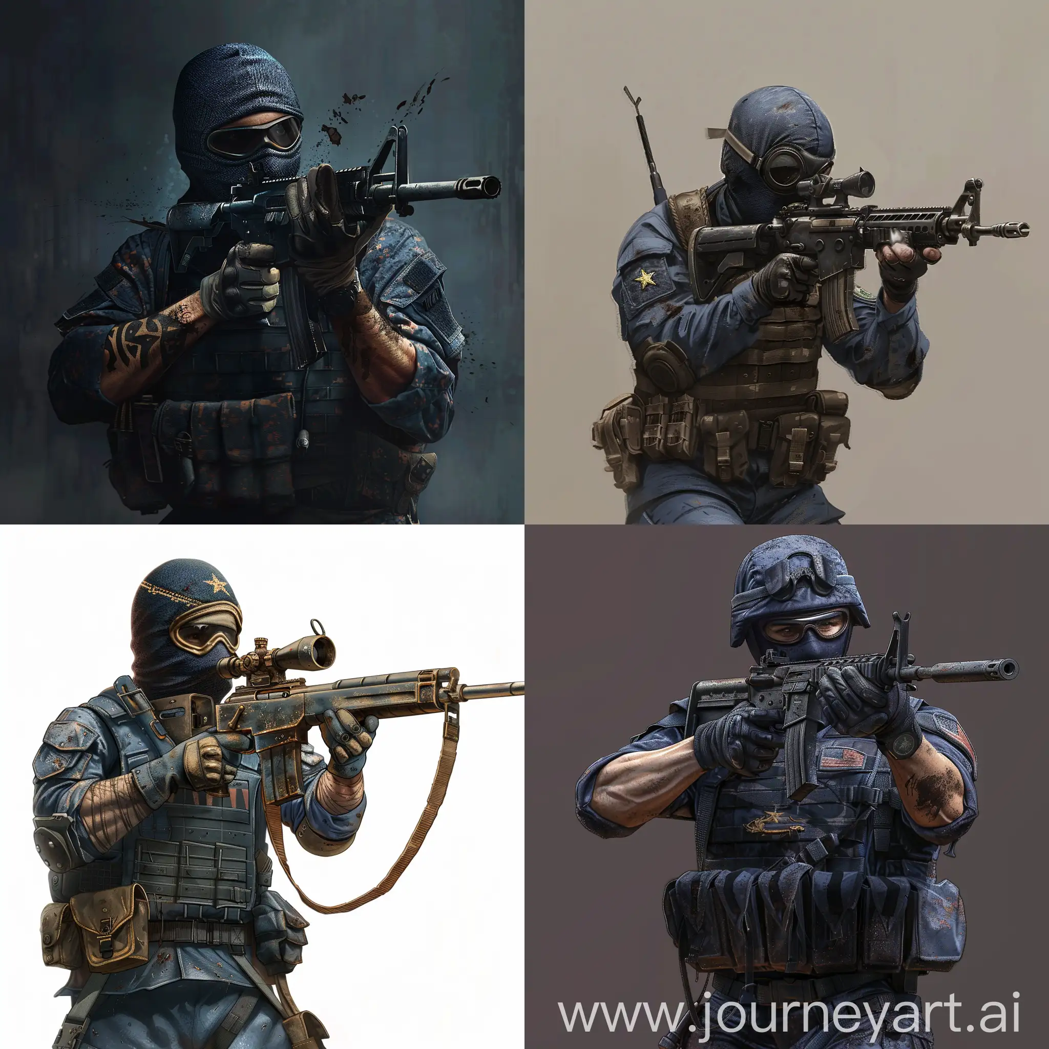 Concept art character an American soldier of the Vietnam War in a bulletproof vest of that time, with uniform of that time but black blue color, with a sniper rifle in his hands, a balaclava on his face, a gas mask on top of the balaclava of that time.