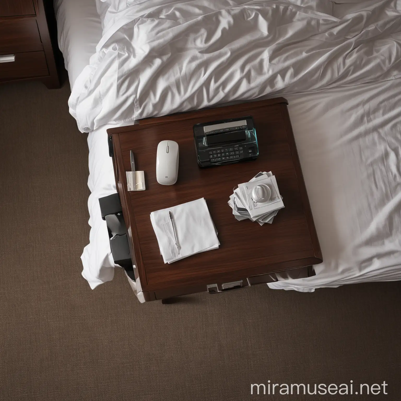 top view close-up of a bedside table in a dark hotel room