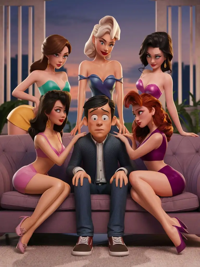 Cartoon-Guy-Surrounded-by-Five-Beautiful-Women-on-Sofa