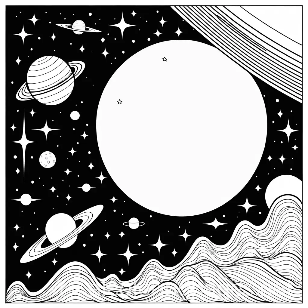 Outer space, Coloring Page, black and white, line art, white background, Simplicity, Ample White Space