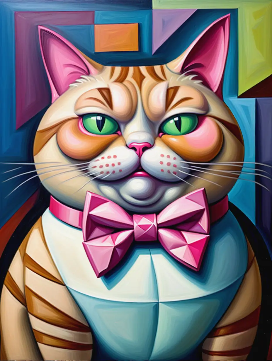 an oil painting of a fat funny cat posing as an alien with pink bowtie and in cubist style