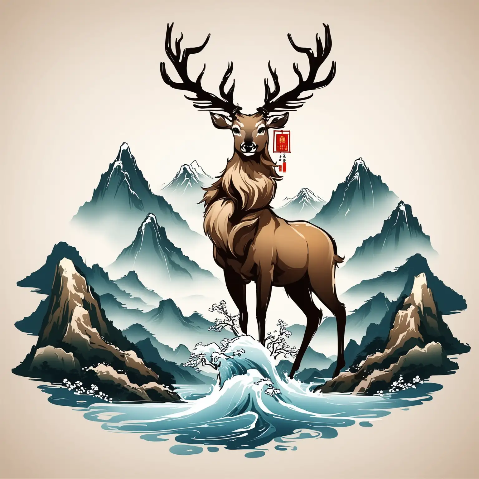 Tranquil-Chinese-Mountain-and-Water-Style-Deer-Head-Illustration
