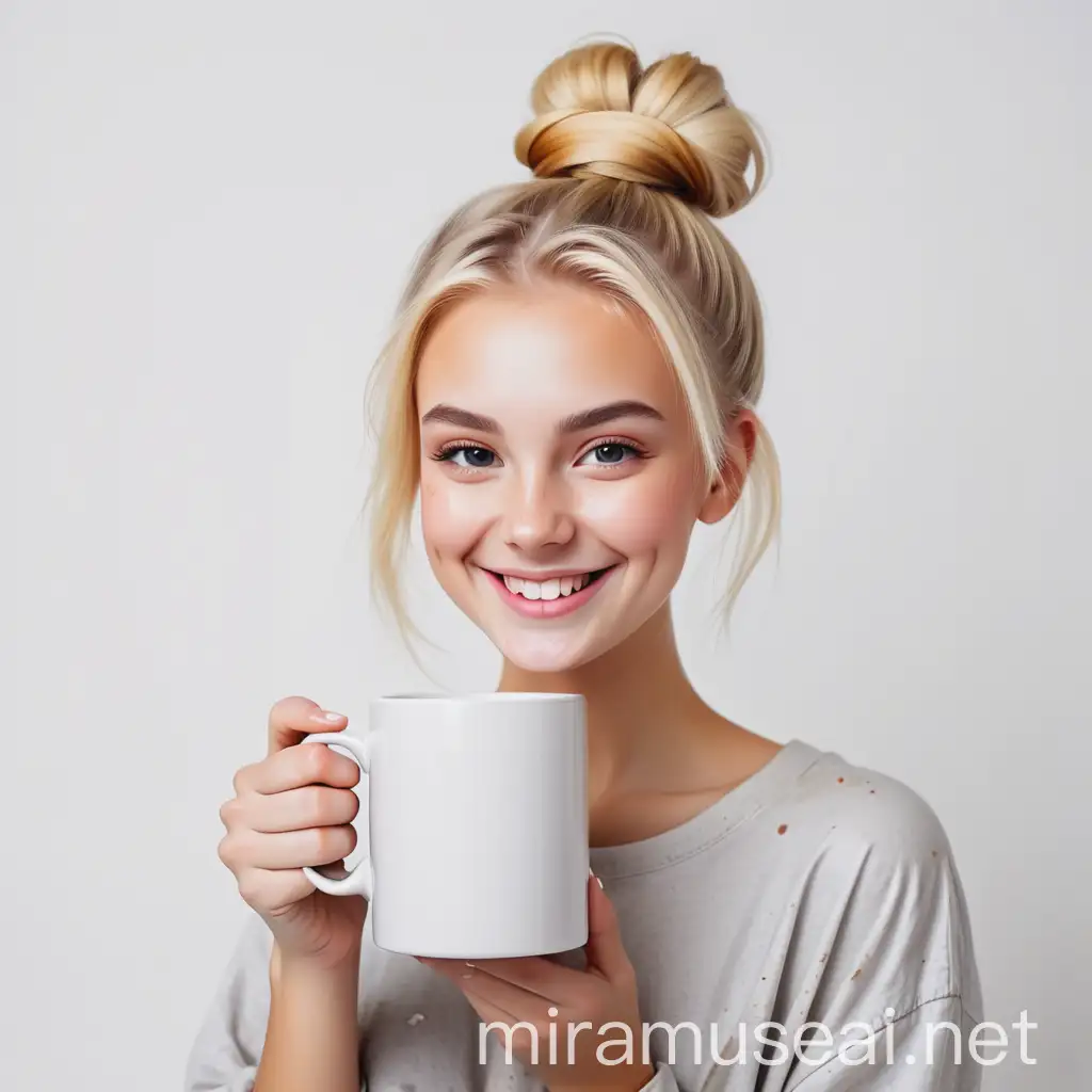 beautiful blonde girl artist hair in a bun in paint smiles with a square white mug on a white background