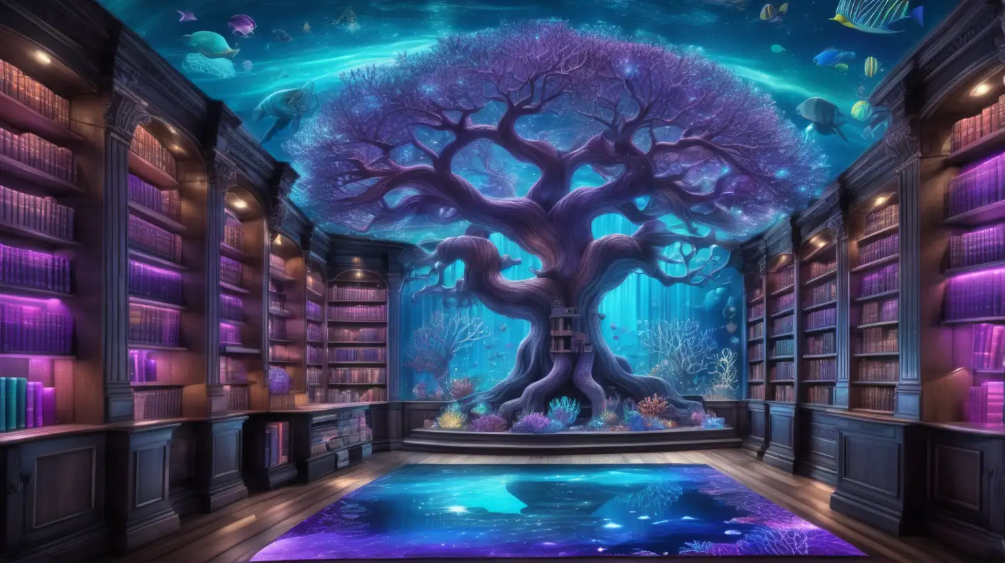 Ocean library with water-floors, a majestic-giant-magical-tree glowing-with potions and bright blues lights and bright purple lights of Blues and turquoise with purple-corals of magical potions on dark wooden bookshelves and a window showing a underwater ocean coral garden with colorful lights