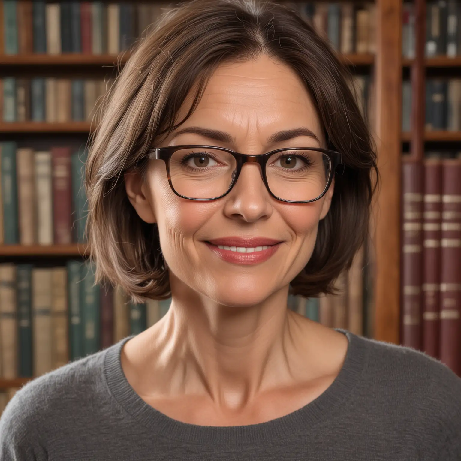 Middleaged Brunette Librarian Woman with Glasses and Gentle Smile