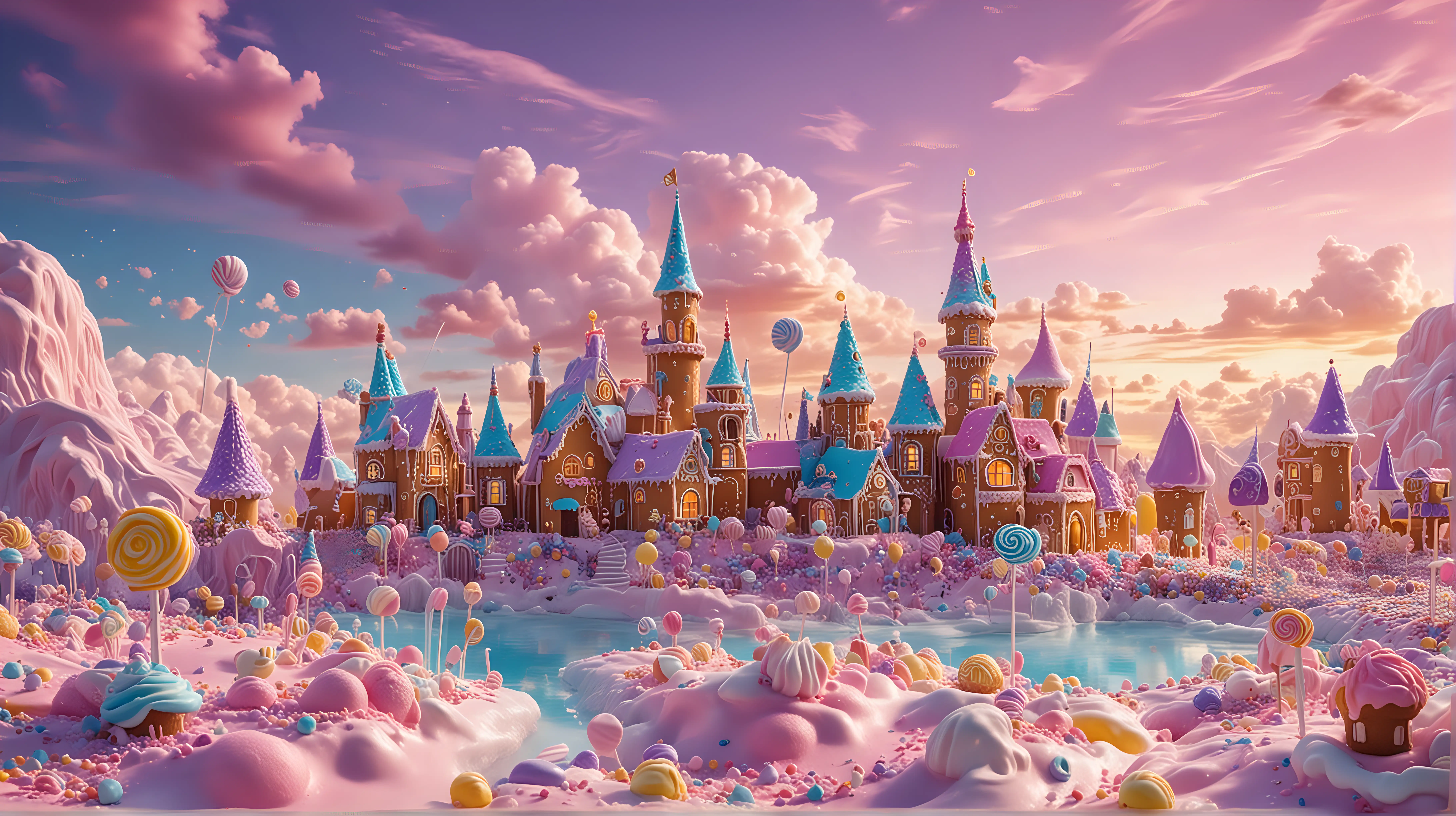 Fairytale candy castle and a Whimsical gingerbread town of houses. Lollipops by magical bright-turquoise-sugar rivers of whip cream and ice cream. Candy in the middle of ice cream-frosting hills. Candy-sprinkles. Purple. Blue. 8K. bright-yellow, and purple sky with pink cotton-candy clouds and giant sugary yellow-blue swirl sun in sky.