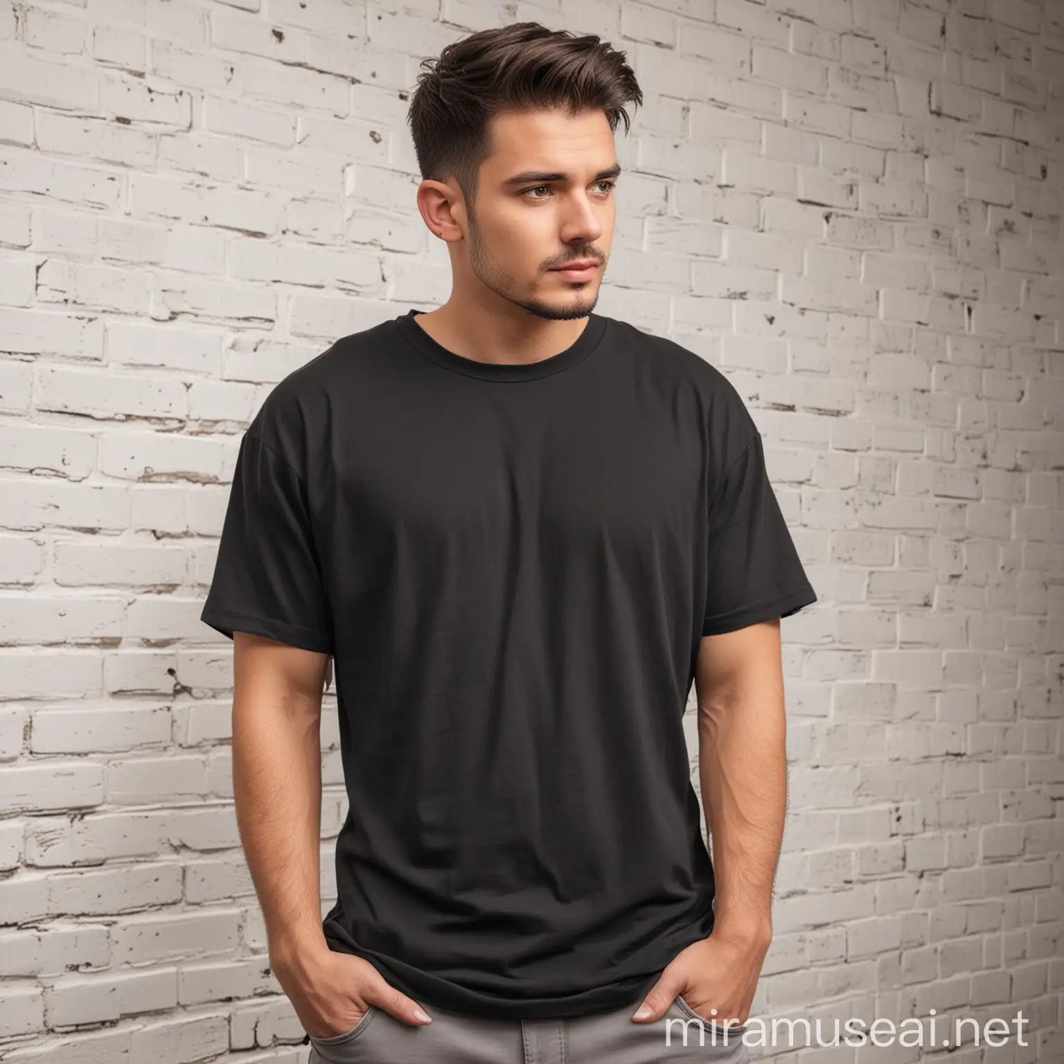 Black Plain Drop Shoulder TShirt Hanging on White Brick Wall