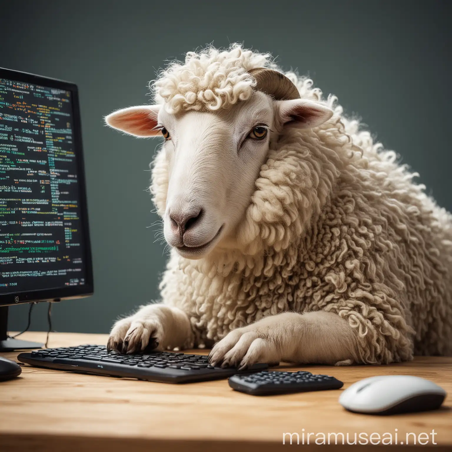 a programmer sheep coding a program and focusing
